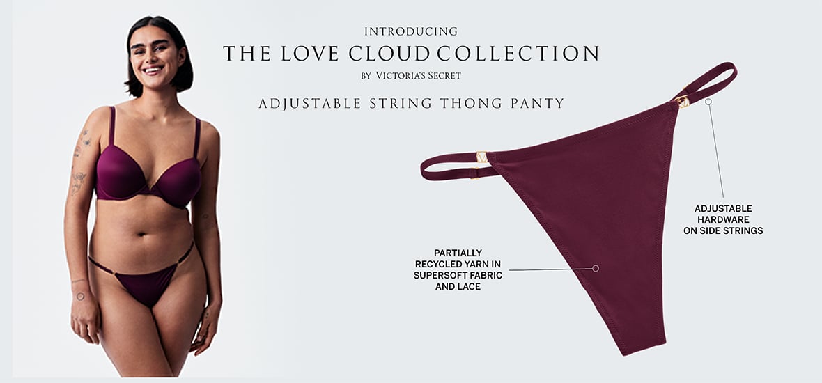 Introducing The Love Cloud Adjustable String Thong Panty. Partially Recycled Yarn in Supersoft Fabric and Lace. Customizable Hardware on Side Strings.