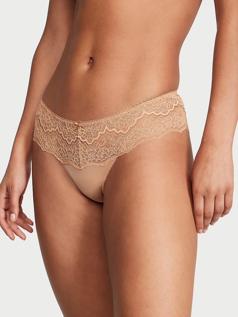 Victoria's Secret, Dream Angels Lace Trim Hipster Thong Panty, Sweet Praline, onModelFront, 3 of 5