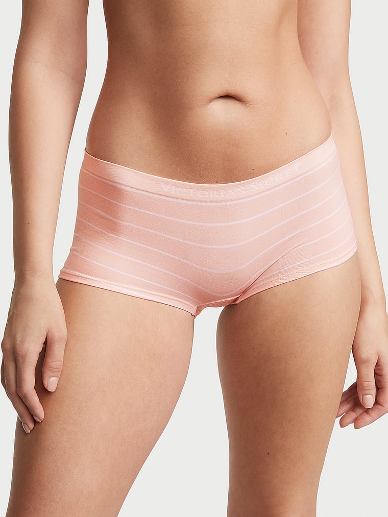 Victoria's Secret, Seamless Seamless Boyshort Panty, Purest Pink Stripes, onModelFront, 1 of 3 Kiana is 5'9" or 175cm and wears Small