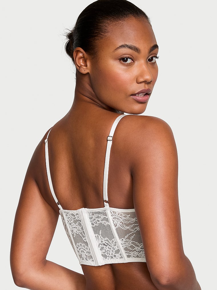 Victoria's Secret, Dream Angels Lightly Lined Lace Ribbon-Slot Corset Top, Lovers Bouquet, onModelBack, 2 of 4 Ange-Marie is 5'10" or 178cm and wears 34B or Small