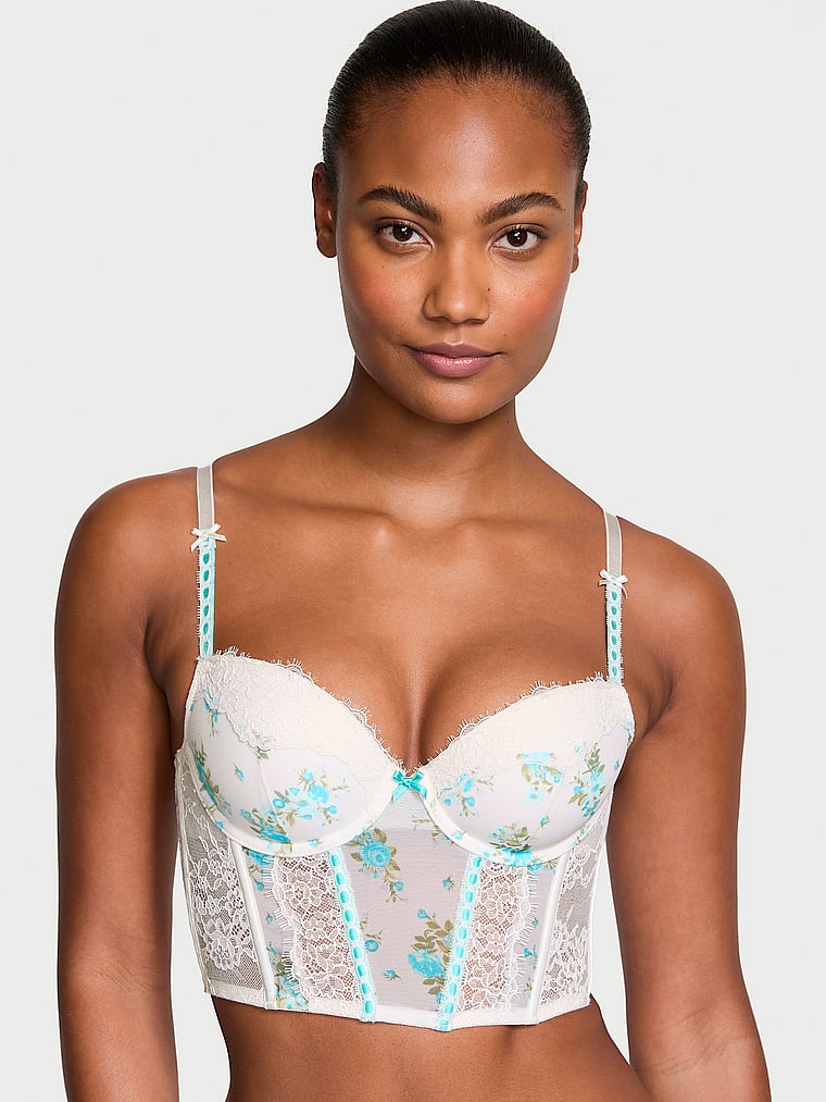 Victoria's Secret, Dream Angels Lightly Lined Lace Ribbon-Slot Corset Top, Lovers Bouquet, onModelFront, 1 of 4 Ange-Marie is 5'10" or 178cm and wears 34B or Small