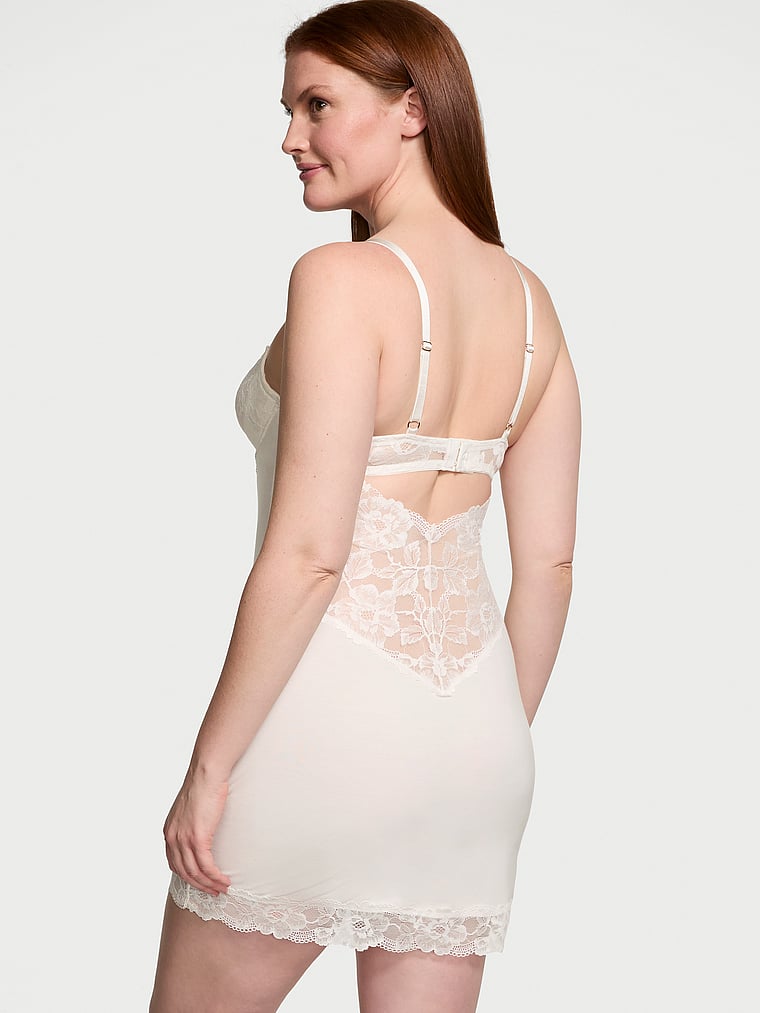 Victoria's Secret, Victoria's Secret Modal & Lace Cupped Mini Slip Dress, Coconut White, onModelBack, 2 of 3 Katy is 5'11" or 180cm and wears Large