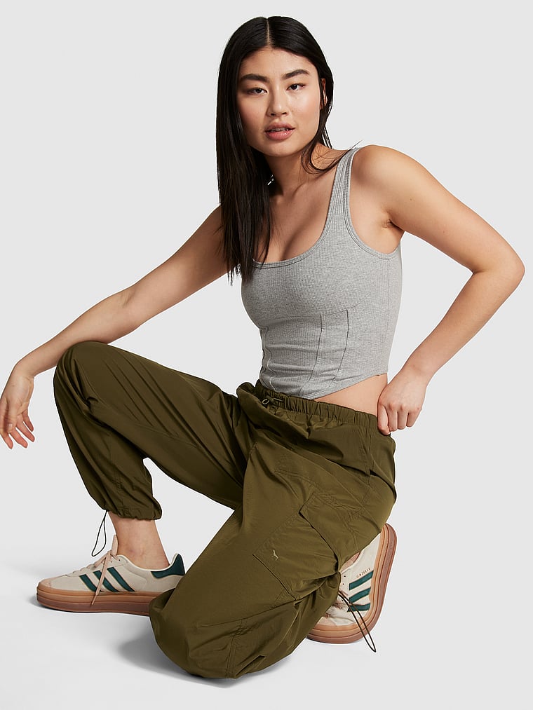 PINK Parachute Cargo Pants, Deep Olive, onModelSide, 1 of 6 Anabel is 5'8" or 173cm and wears Small
