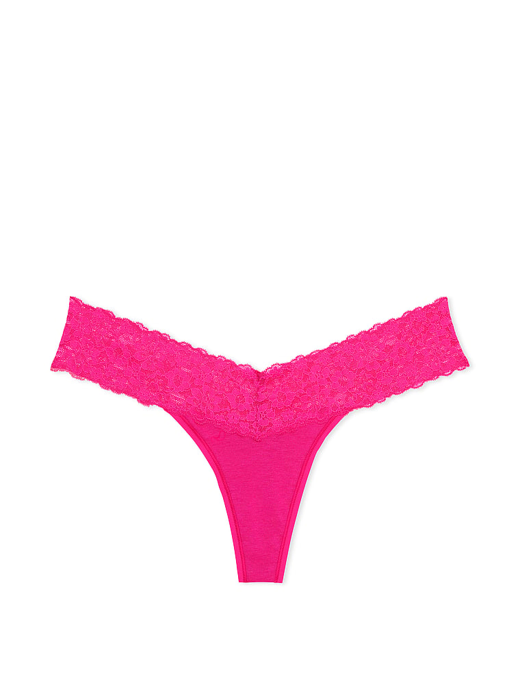 Victoria's Secret, The Lacie Lace-Waist Cotton Thong Panty, Forever Pink, offModelFront, 4 of 4