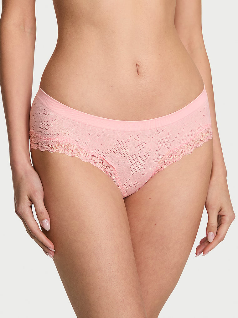 Victoria's Secret, Seamless Seamless Lace-Trim Hiphugger Panty, Pretty Blossom, onModelFront, 1 of 3 Ari is 5'9" or 175cm and wears Small