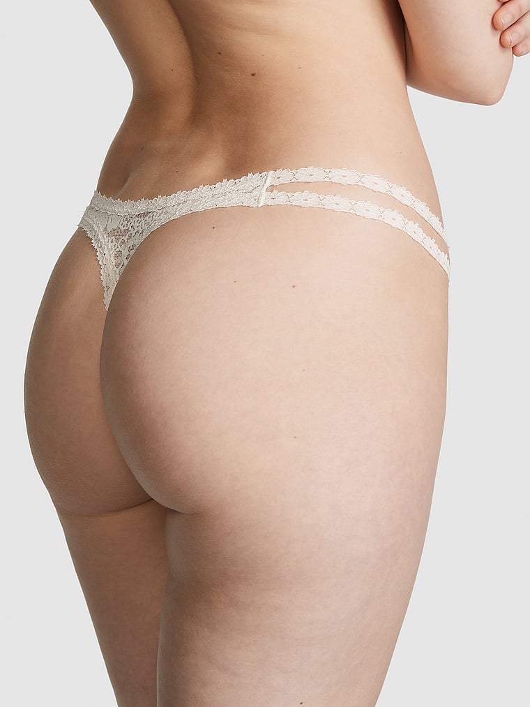 PINK Wink Strappy Thong Panty, Coconut White, onModelBack, 2 of 4 Anabel is 5'8" or 173cm and wears Small