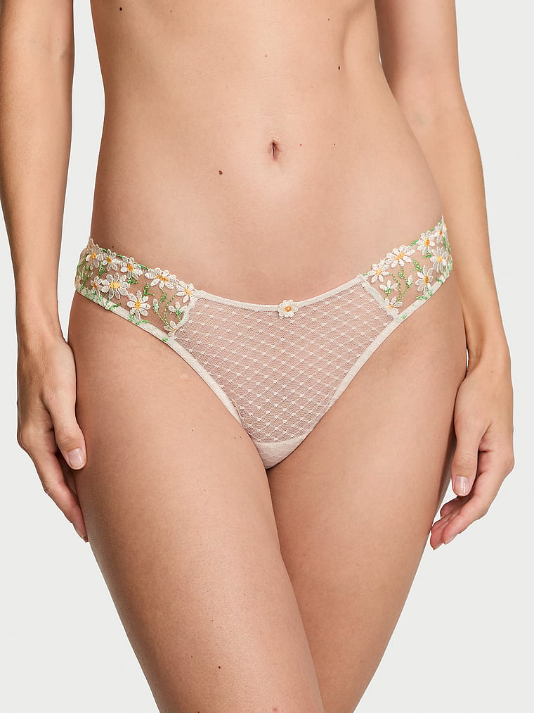 Victoria's Secret, Dream Angels Daisy Chain Embroidery Brazilian Panty, White/Ivory, onModelFront, 1 of 5 Maggie is 5'7" or 170cm and wears Small