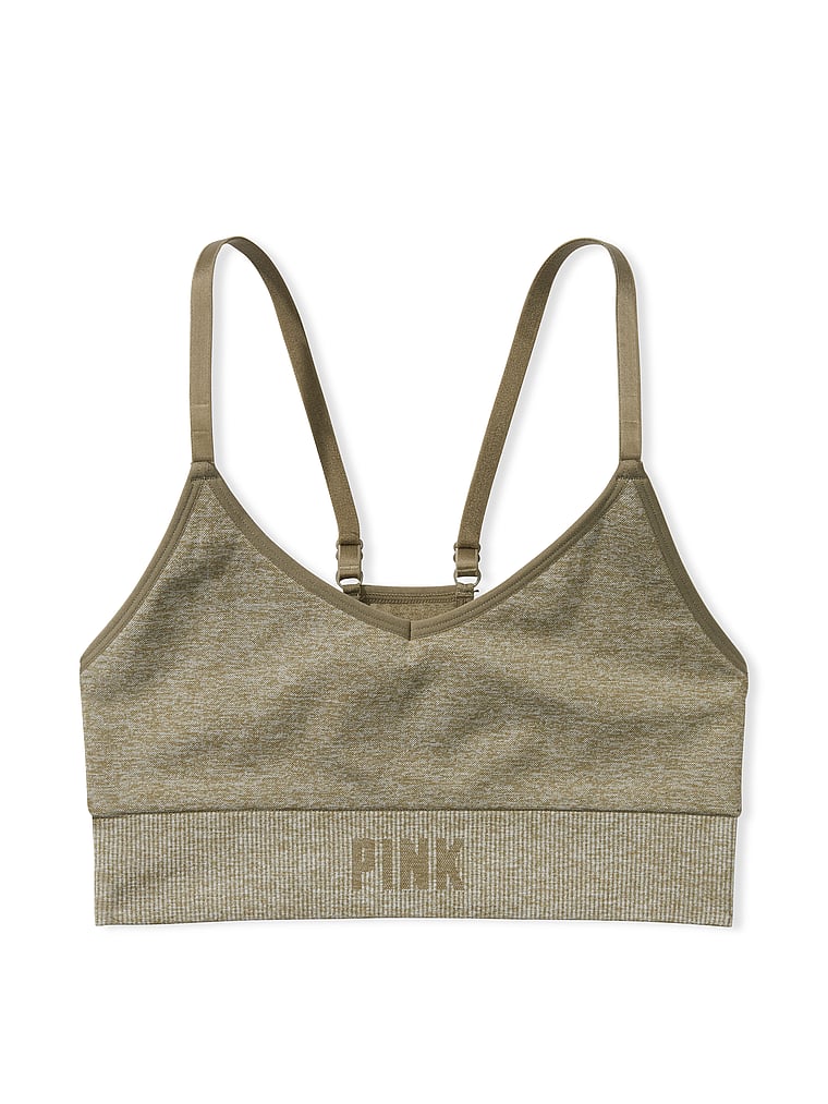 PINK Seamless Racerback Sports Bra, Dusted Olive Marl, offModelFront, 4 of 4
