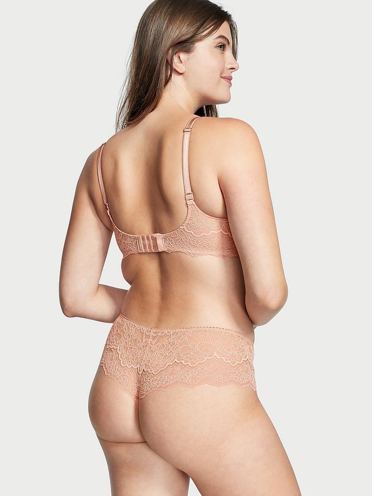 Victoria's Secret, Dream Angels Lace Trim Hipster Thong Panty, Sweet Praline, onModelBack, 2 of 5 Abbey is 5'10" or 178cm and wears Medium