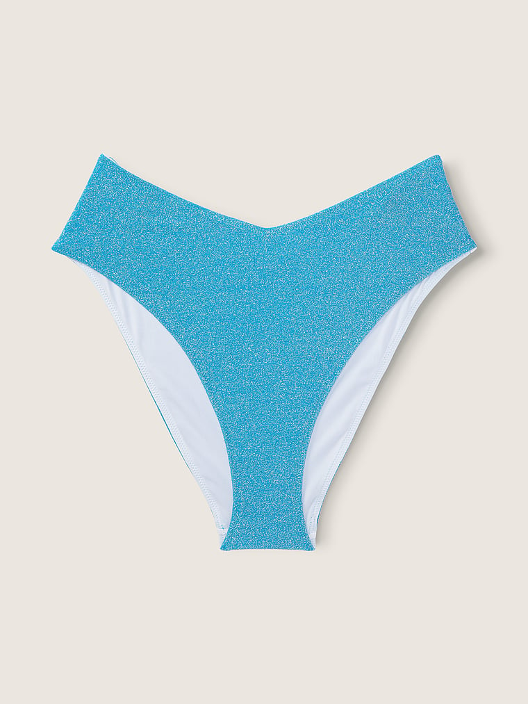 PINK Shimmer High-Waist Cheeky Bikini Bottom, Bright Marine, offModelFront, 4 of 5