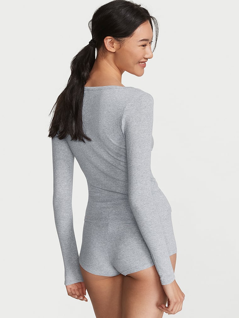 Victoria's Secret, Victoria's Secret Ribbed Modal Henley Short Set, Heather Gray, detail, 2 of 4 Jessie  is 5'10" or 178cm and wears S/Long