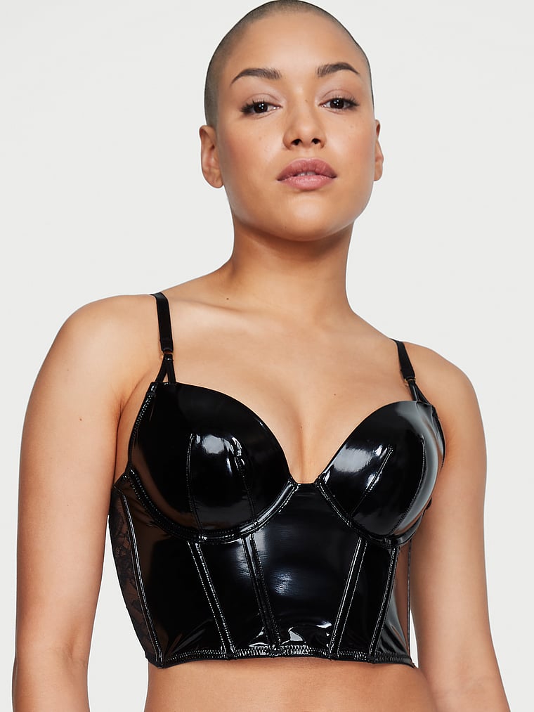 Victoria's Secret, Very Sexy Midnight Affair Faux Patent Leather Push-Up Corset Top, Black, onModelFront, 1 of 4 Dash is 5'4" or 163cm and wears 34B or Small