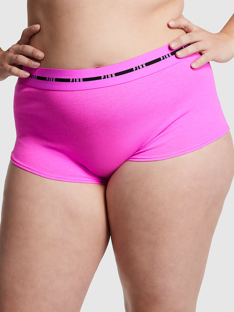 PINK Logo Boyshort Panty, Pink Berry, onModelFront, 1 of 3 Sixtine  is 5'7" or 170cm and wears Large