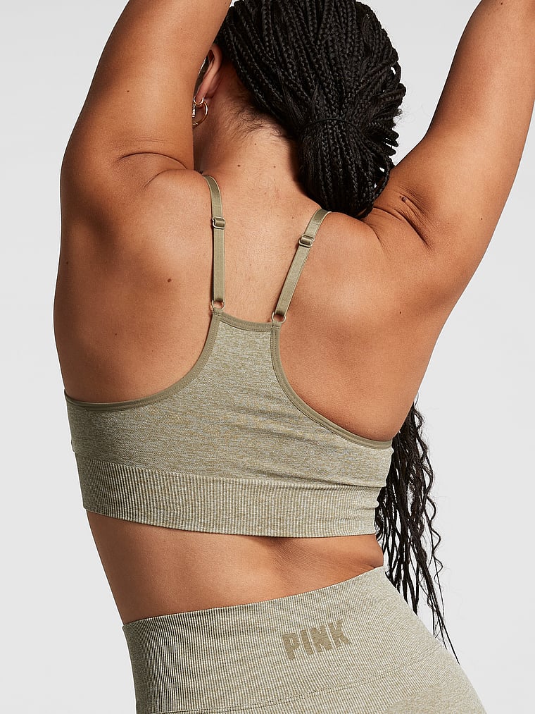 PINK Seamless Racerback Sports Bra, Dusted Olive Marl, onModelBack, 2 of 4 Eden is 5'8" or 173cm and wears 34DD (E) or Large