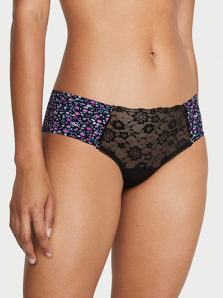 Victoria's Secret, No-Show No-Show Lace Cheeky Panty, Black Ditsy Floral, onModelFront, 1 of 3