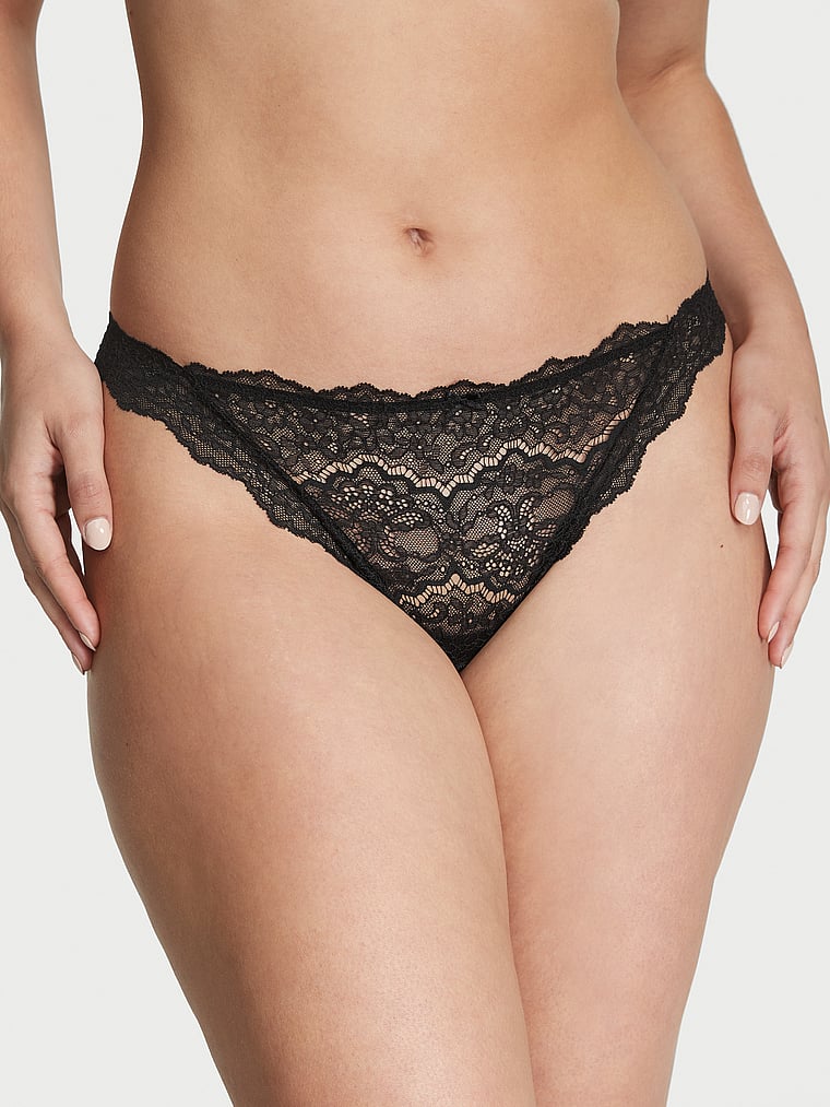 Victoria's Secret, Dream Angels Thong Panty, Black, onModelFront, 1 of 7 Lorena is 5'9" or 175cm and wears Large