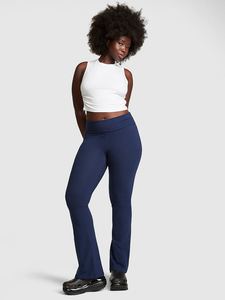 PINK Cotton Foldover Flare Leggings, Midnight Navy, onModelFront, 1 of 3 Fanta is 5'11" or 180cm and wears Medium