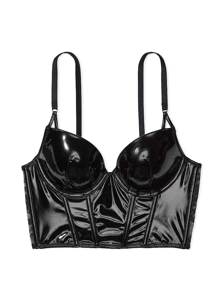 Victoria's Secret, Very Sexy Midnight Affair Faux Patent Leather Push-Up Corset Top, Black, offModelFront, 4 of 4