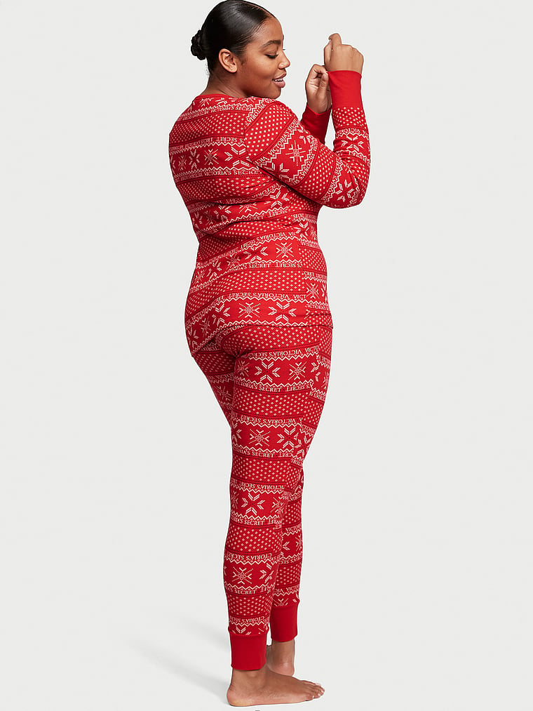 Victoria's Secret, Victoria's Secret Thermal Long Pajama Set, Lipstick Fair Isle, onModelBack, 2 of 4 Brianna is 5'10" or 178cm and wears XL/Long