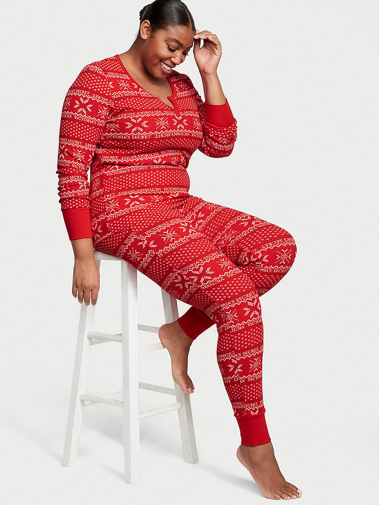 Victoria's Secret, Victoria's Secret Thermal Long Pajama Set, Lipstick Fair Isle, onModelFront, 1 of 4 Brianna is 5'10" or 178cm and wears XL/Long