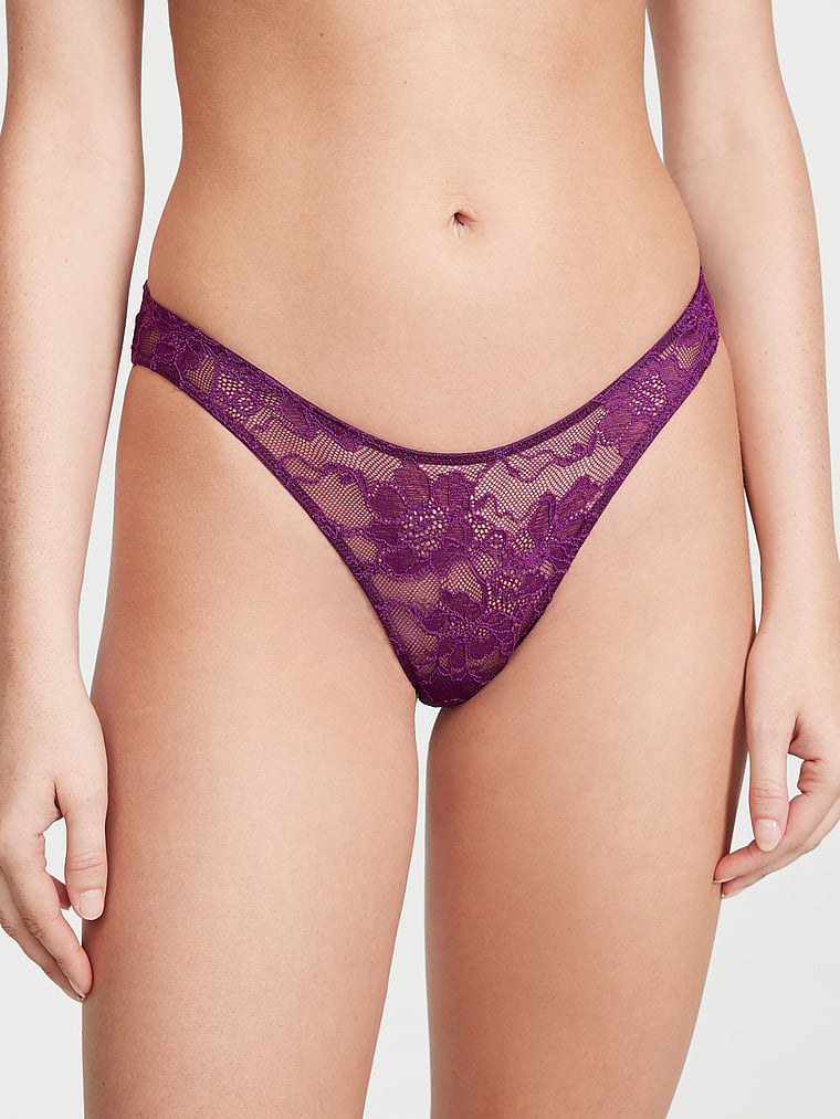 Victoria's Secret, Very Sexy Shine Strap Cut-Out Back Lace Brazilian Panty, Grape Soda, onModelFront, 1 of 4 Rebecca is 5'9" or 175cm and wears Small